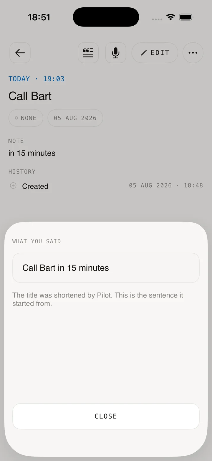 A task with the sentence you dictated kept underneath it