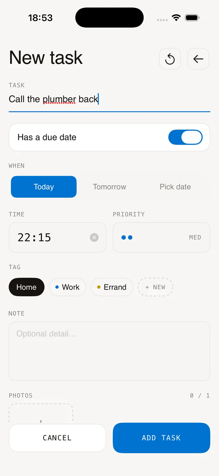The full task form with title, due date, priority and tag